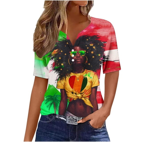 NuoCaiYun Ladies Spring Summer Tops, Womens Short Sleeve Blouses V Neck Button Casual Independence Day Printed T-Shirts