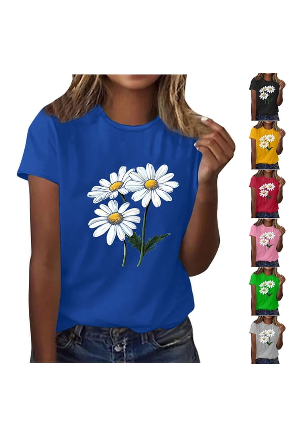 Ladies Summer T Shirts, Women Tops Casual Print Round-Neck Pullover Tee Short Sleeve Blouses