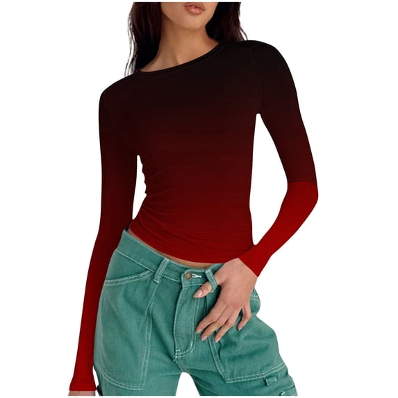 NuoCaiYun Long Sleeve Crop Tops for Women Going Out Crewneck Shirts Trendy Tie Dye Y2K Tight Workout Casual Dressy Blouses