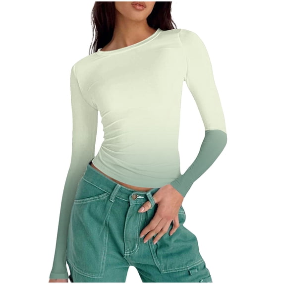 NuoCaiYun Long Sleeve Crop Tops for Women Going Out Crewneck Shirts Trendy Tie Dye Y2K Tight Workout Casual Dressy Blouses