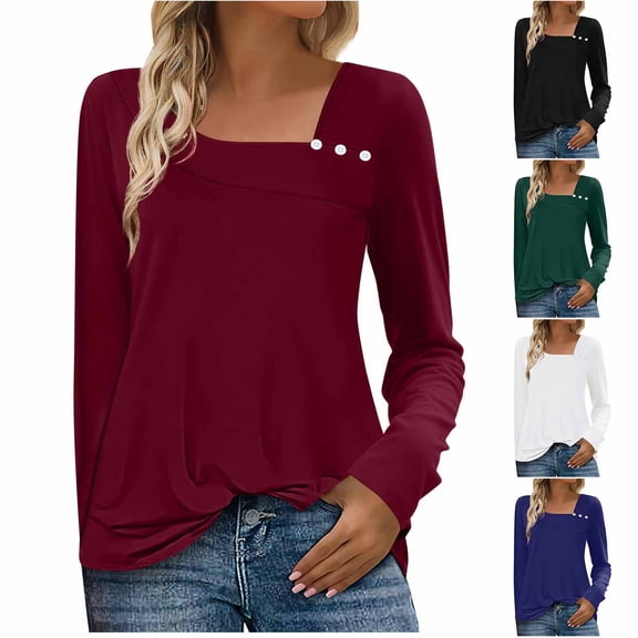 NuoCaiYun Long-Sleeve T-Shirt for Women Asymmetrical Print Collar Button-Up Fashionable Loose-Fit Casual Tops