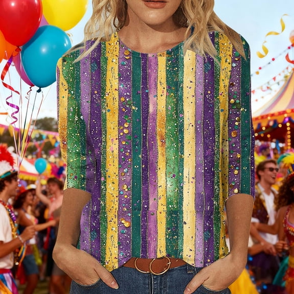 NuoCaiYun Mardi Gras 3/4 Sleeve T-shirt for Women Carnival Casual Round Neck Three Quarter Sleeve Pullover Tops