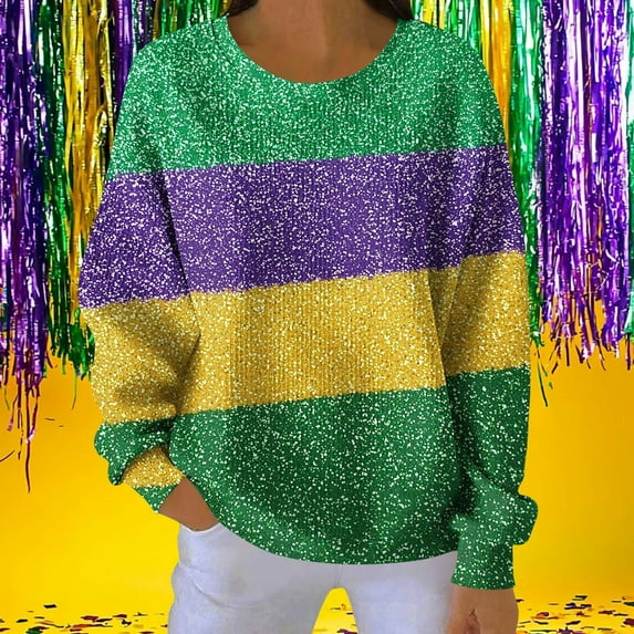 NuoCaiYun Mardi Gras Sweatshirt for Women Carnival Long Sleeve Pullover New Purple Yellow Green Tops
