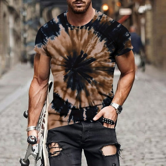 NuoCaiYun Men Casual Fashion Tie-Dye Print Round Neck Pullover Fitness Sports Short Sleeve T Shirt Blouse