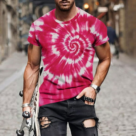 NuoCaiYun Men Casual Fashion Tie-Dye Print Round Neck Pullover Fitness Sports Short Sleeve T Shirt Blouse