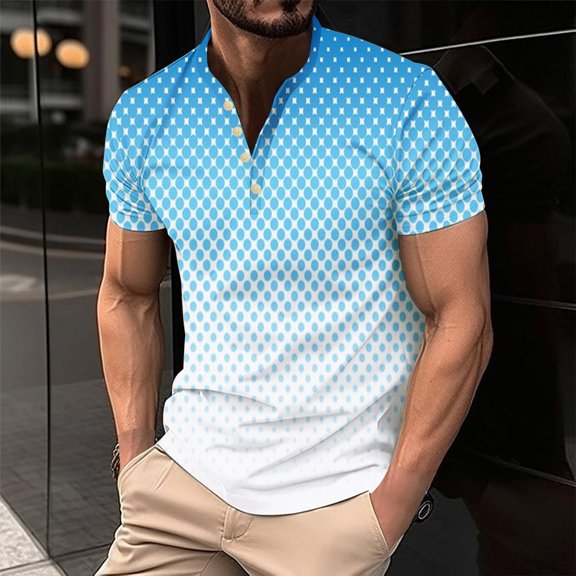 NuoCaiYun Men'S Wave Gradient Print Button Casual Short Sleeve Round-Neck Blouses Shirts Summer Plus Size