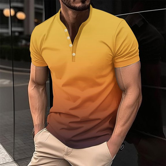 NuoCaiYun Men'S Wave Gradient Print Button Casual Short Sleeve Round-Neck Blouses Shirts Summer Plus Size