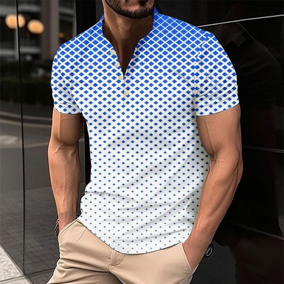 NuoCaiYun Men'S Wave Gradient Print Button Casual Short Sleeve Round-Neck Blouses Shirts Summer Plus Size