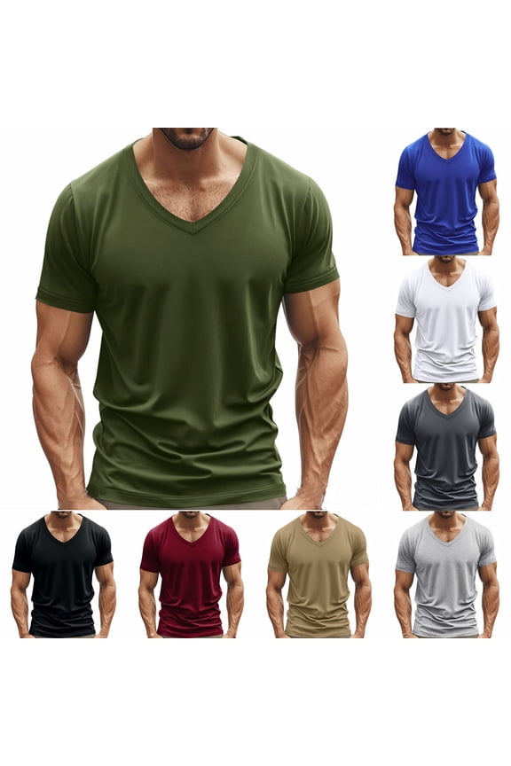 Men's Casual Tops, Men Solid Color Short Sleeve V Neck Sports Tops Summer Athletic Gym Basic Tshirt Breathable