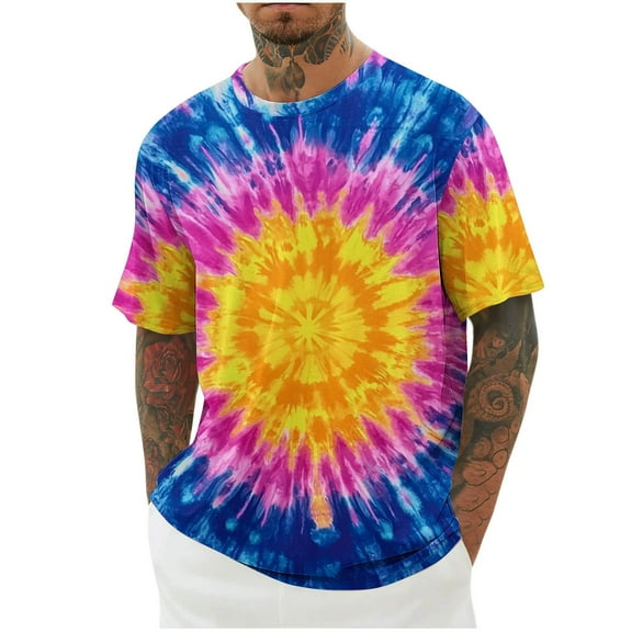 NuoCaiYun Mens Multicolor Tops Casual Fashion Short Sleeve Round-Neck Blouses Shirts Tie-Dye Print