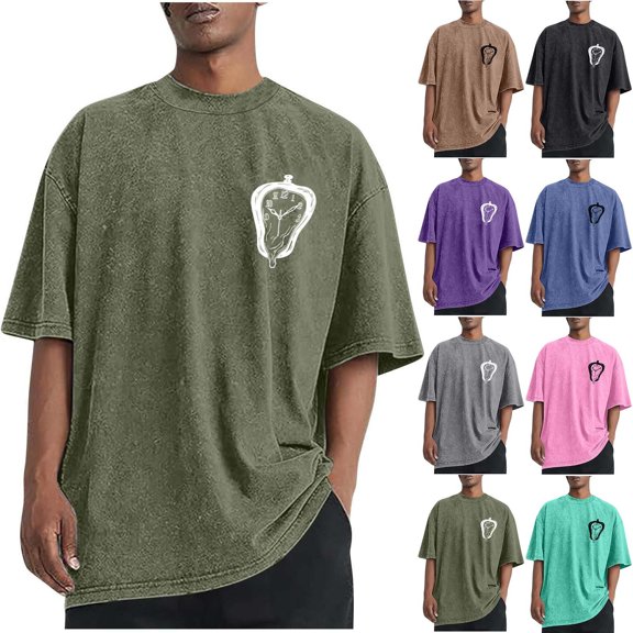 NuoCaiYun Mens Plus Size Casual Sports Washed Distressed T-Shirt Short Sleeve Round-Neck Top Blouse