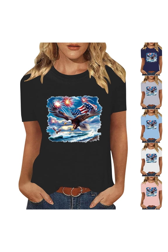 New Women Cotton Tops, Spring Summer Ladies Short Sleeve Round Neck Casual Independence Day Printed T-Shirt