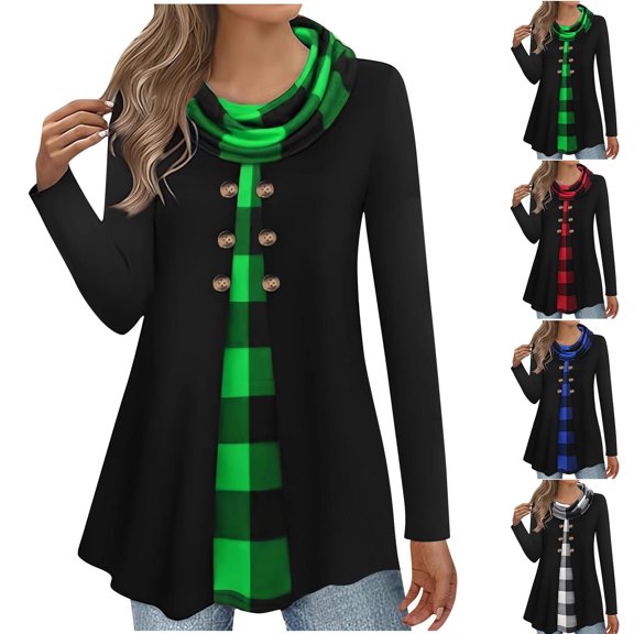 NuoCaiYun Plus Size Loose Blouses Tops Women'S Casual Fashion Fall Winter Plus Size Plaid Turtleneck Pullover
