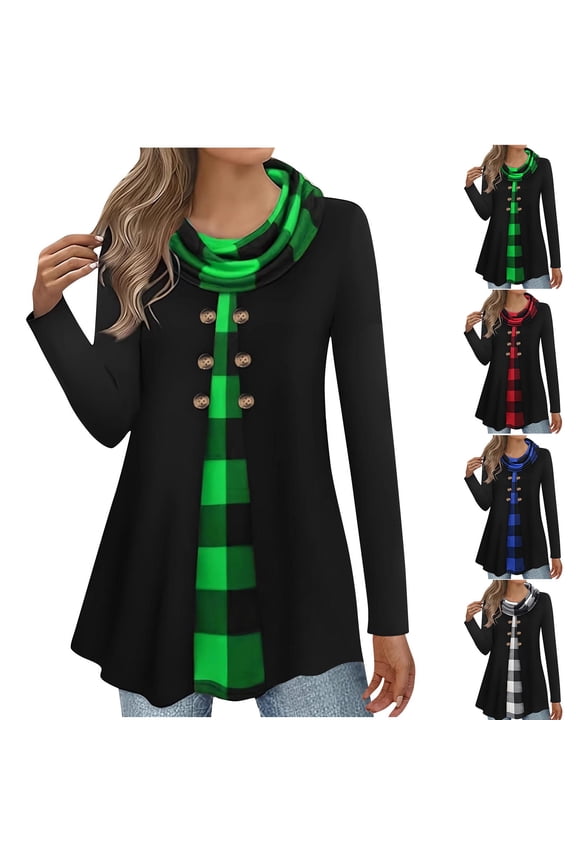 Plus Size Loose Blouses Tops Women'S Casual Fashion Fall Winter Plus Size Plaid Turtleneck Pullover