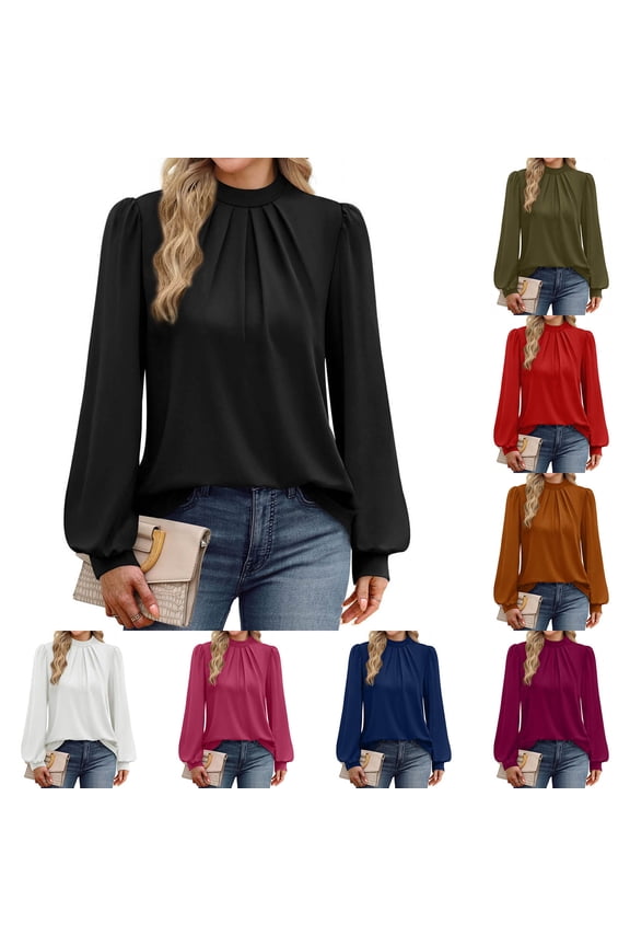 Puff Long Sleeve Shirts for Women Tops Dressy Casual Frill Mock Neck Smocked Cuffs Blouses Pleated Front Tee Top