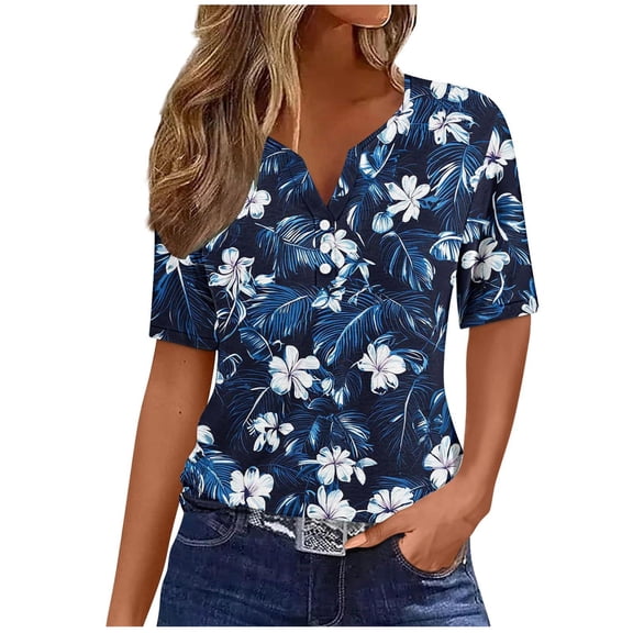 NuoCaiYun Shirt T-Shirt for Women Summer Hawaiian-Style Print Short Sleeve V-Neck Button-Up Pullover Fashionable Tops