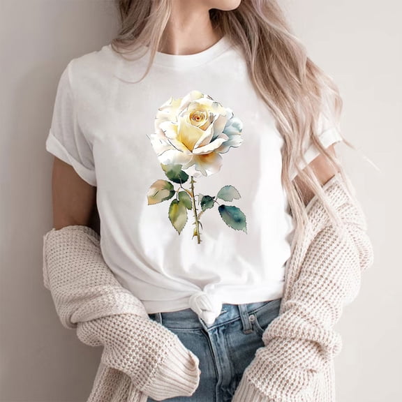 NuoCaiYun Short Sleeve Tops for Women Summer Trendy Round-Neck Blouses Casual Polyester Floral Print T-Shirt