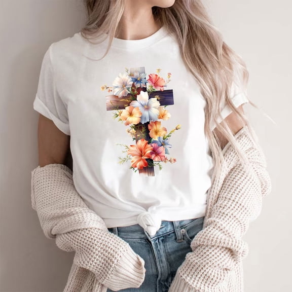 NuoCaiYun Short Sleeve Tops for Women Summer Trendy Round-Neck Blouses Casual Polyester Floral Print T-Shirt