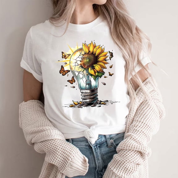 NuoCaiYun Short Sleeve Womens Tops Summer Trendy Round-Neck Blouses Casual Polyester Floral Print T-Shirts