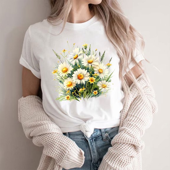 NuoCaiYun Short Sleeve Womens Tops Summer Trendy Round-Neck Blouses Casual Polyester Floral Print T-Shirts