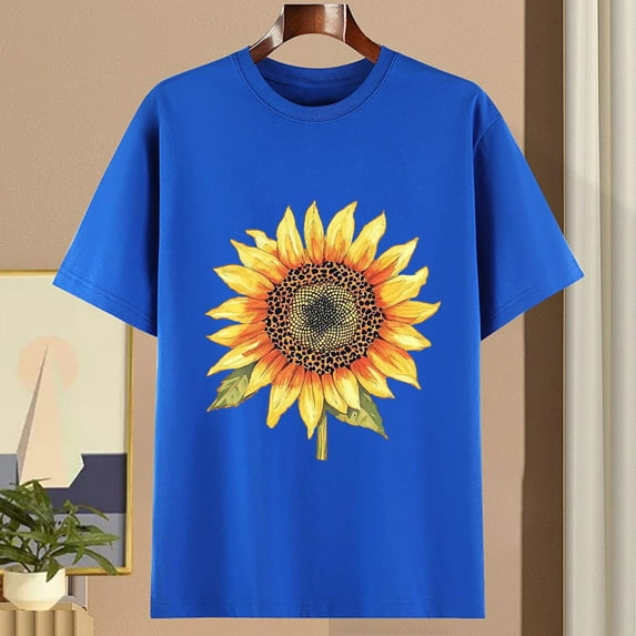 NuoCaiYun Spring Summer Loose Tops Women'S Fashion Casual Everyday Daisy Print Crew Neck Short Sleeve T-Shirt