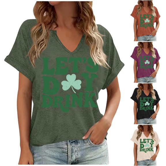 NuoCaiYun St Patricks Day Tops for Women V Neck Funny T-Shirt Irish Shamrock Graphic Short Sleeve Clover Tee