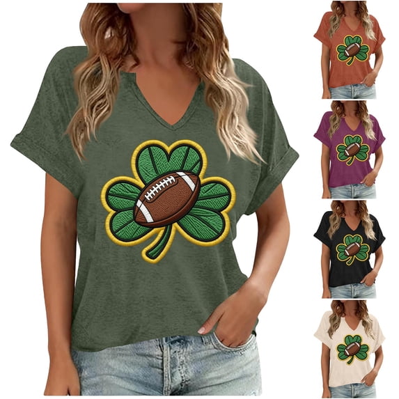 NuoCaiYun St Patricks Day V Neck T Shirts for Women Lucky Irish Shamrock Clover Graphic Blouses Casual Short Sleeve Tops