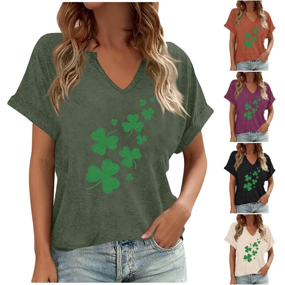 NuoCaiYun St Patricks Day V Neck T Shirts for Women Lucky Irish Shamrock Clover Graphic Blouses Casual Short Sleeve Tops