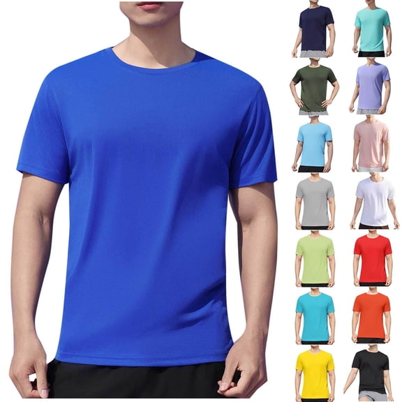 NuoCaiYun Summer Elastic Sports Tops for Men Solid-Color Casual Short Sleeved Round-Neck Blouses