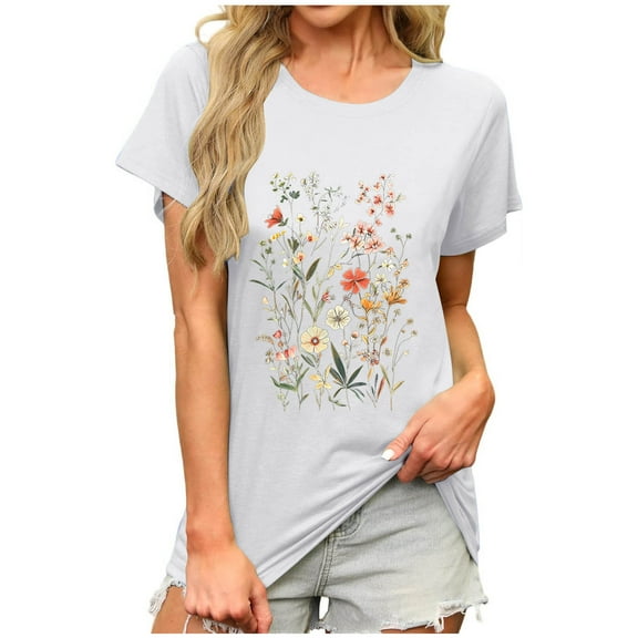 NuoCaiYun Summer Ladies T Shirts, Women Tops Casual Floral Print Round-Neck Pullover Tee Short Sleeve Blouses