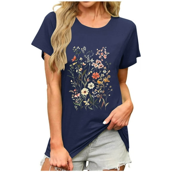 NuoCaiYun Summer Ladies T Shirts, Women Tops Casual Floral Print Round-Neck Pullover Tee Short Sleeve Blouses