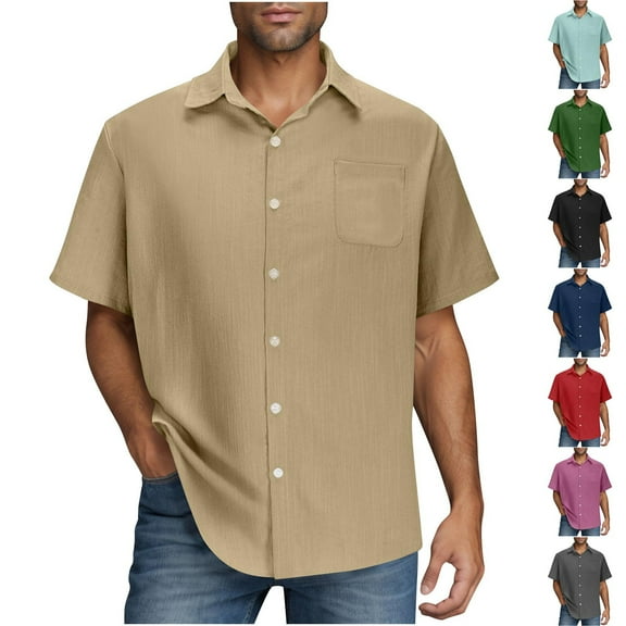 NuoCaiYun Summer Outerwear Vacation Beach Shirts for Men Casual Button-Down Shirt Short-Sleeved Textured Shirt