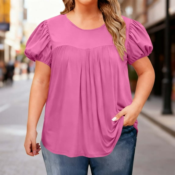 NuoCaiYun Summer Pink T-Shirts, Women's Spring Solid Color Plus-Size Tops Fashion Ruffled Sleeve Round Neck Tee Shirt