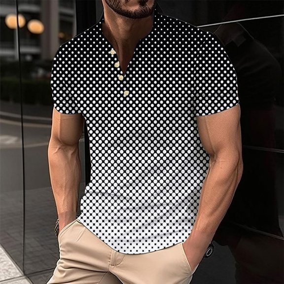 NuoCaiYun Summer Plus Size Men'S Wave Gradient Print Button Casual Short Sleeve Round-Neck Blouses Shirts