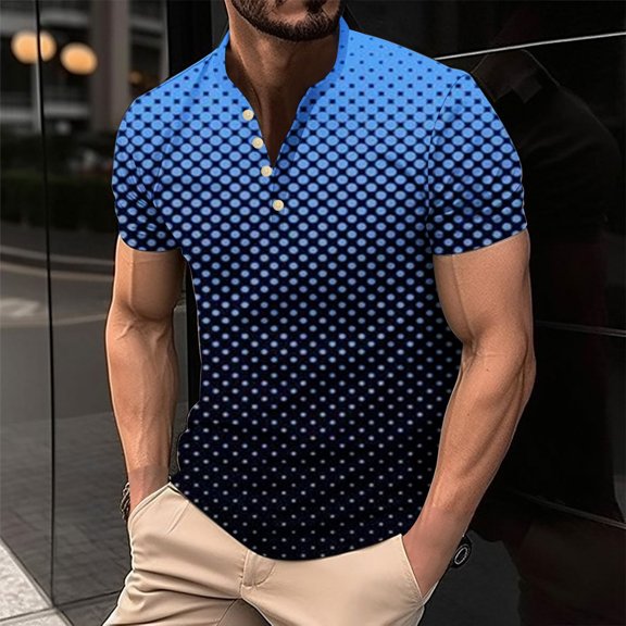 NuoCaiYun Summer Plus Size Men'S Wave Gradient Print Button Casual Short Sleeve Round-Neck Blouses Shirts