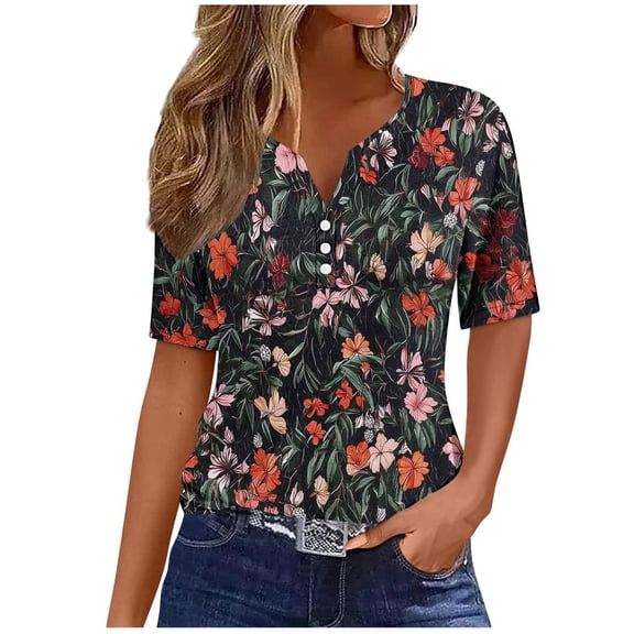 NuoCaiYun Summer Shirt T-Shirt Women'S Hawaiian-Style Print Short Sleeve V-Neck Button-Up Pullover Fashionable Tops
