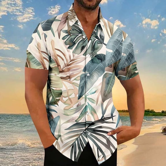 NuoCaiYun Summer Shirt for Men Hawaiian Printed Button Casual Short Sleeve Turndown Collar Shirts