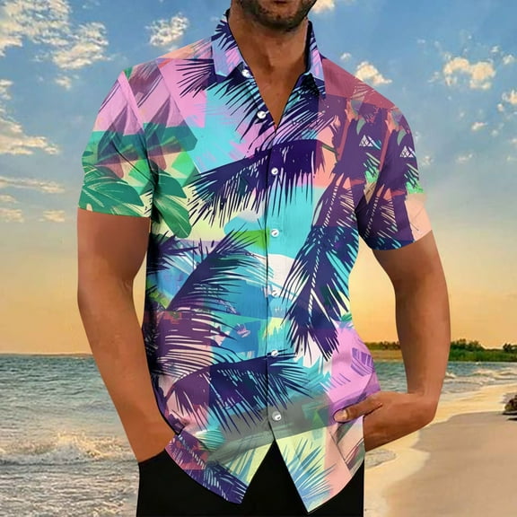 NuoCaiYun Summer Shirt for Men Hawaiian Printed Button Casual Short Sleeve Turndown Collar Shirts
