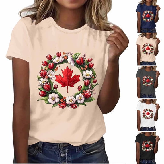 NuoCaiYun Summer T Shirts for Women Cute Blouses Casual Short Sleeve Maple Leaf Print Graphic Tee Tops