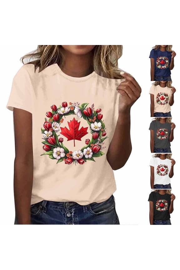 Summer T Shirts for Women Cute Blouses Casual Short Sleeve Maple Leaf Print Graphic Tee Tops