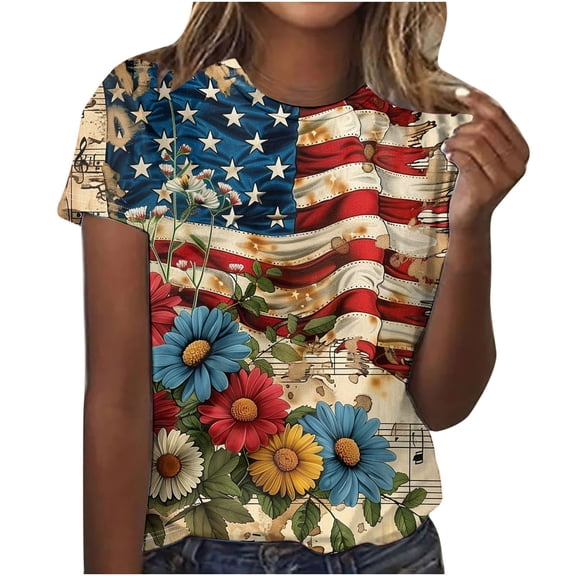 NuoCaiYun Summer Women'S Independence Day Print Crew Neck Short Sleeve Raglan Pleated Loose Tops