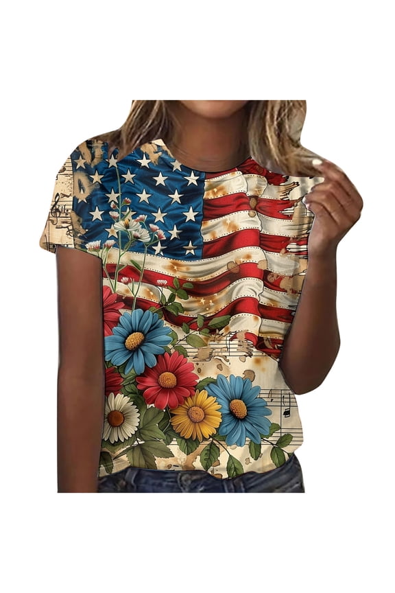Summer Women'S Independence Day Print Crew Neck Short Sleeve Raglan Pleated Loose Tops