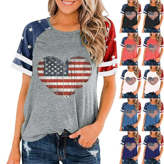 NuoCaiYun Summer Women'S Independence Day Print Crew Neck Short Sleeve Raglan Pleated Loose Tops