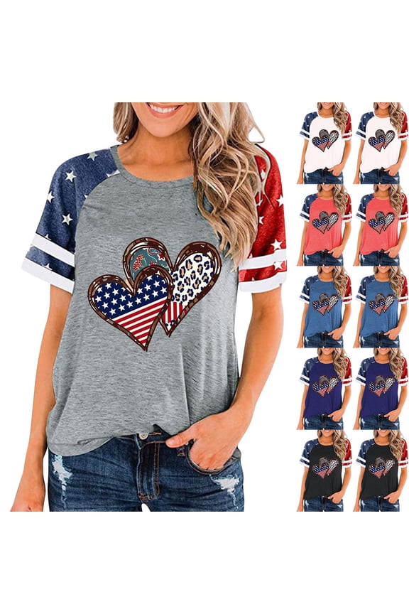 Summer Women'S Independence Day Print Crew Neck Short Sleeve Raglan Pleated Loose Tops