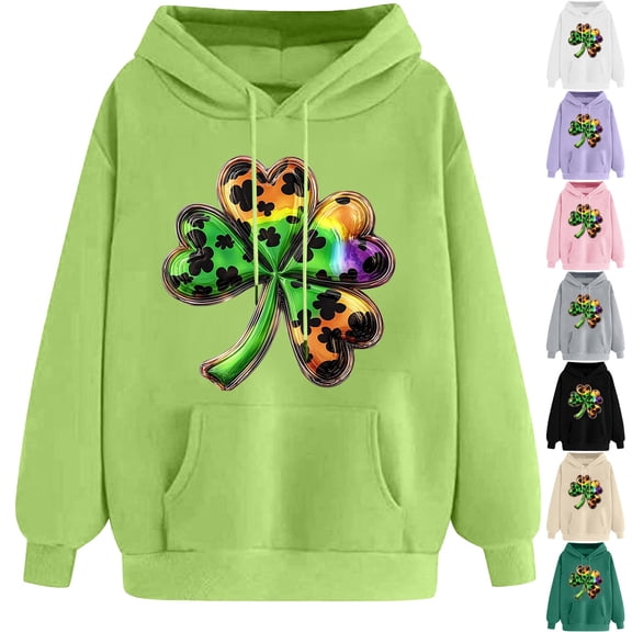 NuoCaiYun Sweatshirt for Women Funny Print St. Patrick's Day Long Sleeved Loose Comfortable Hooded Drawstring Pullover with Pocket