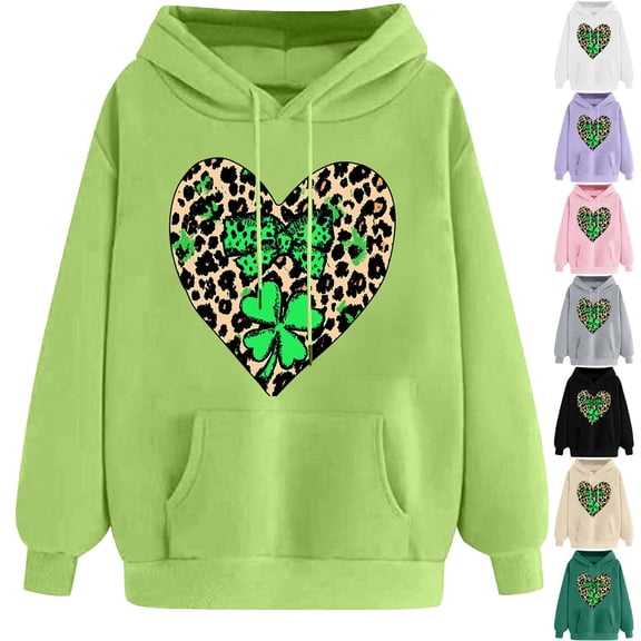 NuoCaiYun Sweatshirt for Women Funny Print St. Patrick's Day Long Sleeved Loose Comfortable Hooded Drawstring Pullover with Pocket