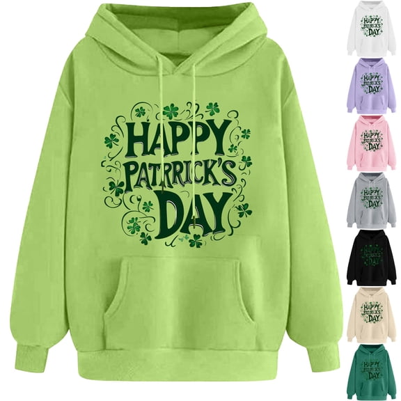NuoCaiYun Sweatshirt for Women Funny Print St. Patrick's Day Long Sleeved Loose Comfortable Hooded Drawstring Pullover with Pocket
