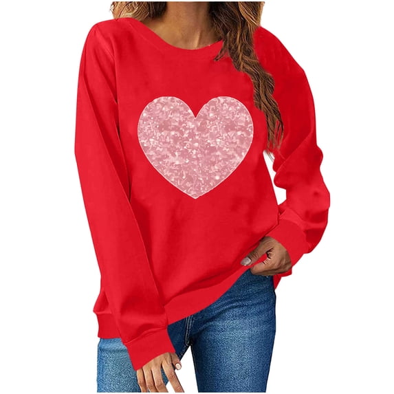 NuoCaiYun Sweatshirt for Women Love Heart Print Casual Long Sleeve Shirts Valentine Pullover Blouse Tops