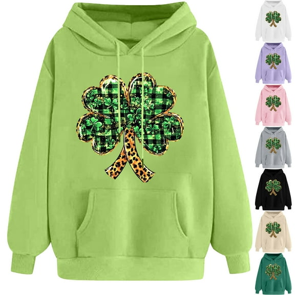 NuoCaiYun Sweatshirt for Women's Funny Print St. Patrick's Day Long Sleeved Loose Comfortable Hooded Drawstring Pullover with Pocket