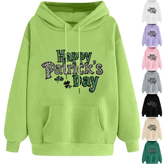 NuoCaiYun Sweatshirt for Women's Funny Print St. Patrick's Day Long Sleeved Loose Comfortable Hooded Drawstring Pullover with Pocket